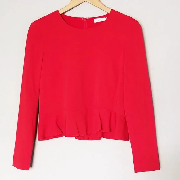 A.L.C. Women's Ann Long Sleeves Shirt Blouse Top 2 Red Peplum Crepe Zipper $325 - Picture 5 of 16